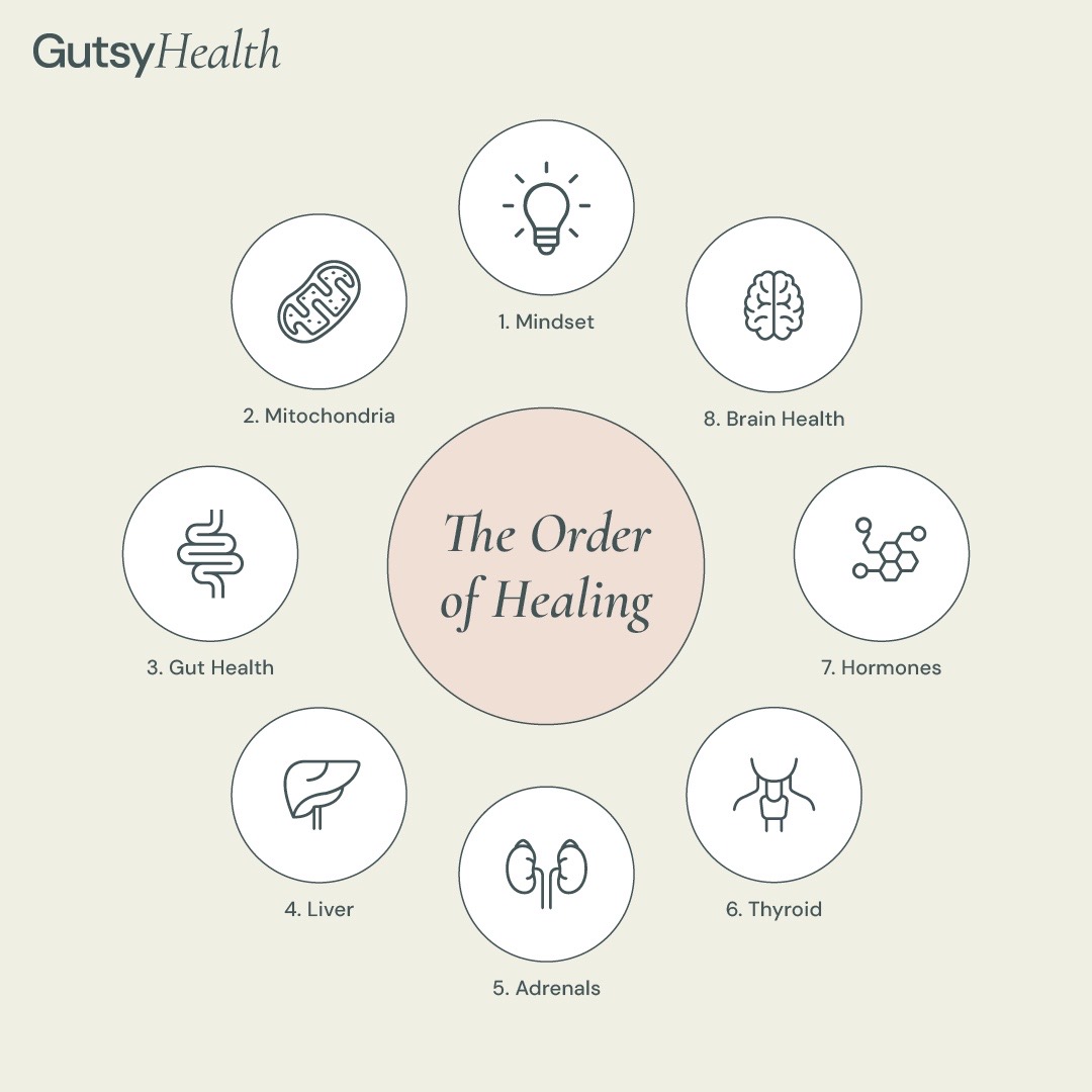 The Order of Healing™ circle: 8 steps, Mindset, Mitochondria, Gut Health, Liver, Adrenals, Thyroid, Sex Hormones and Brain Health