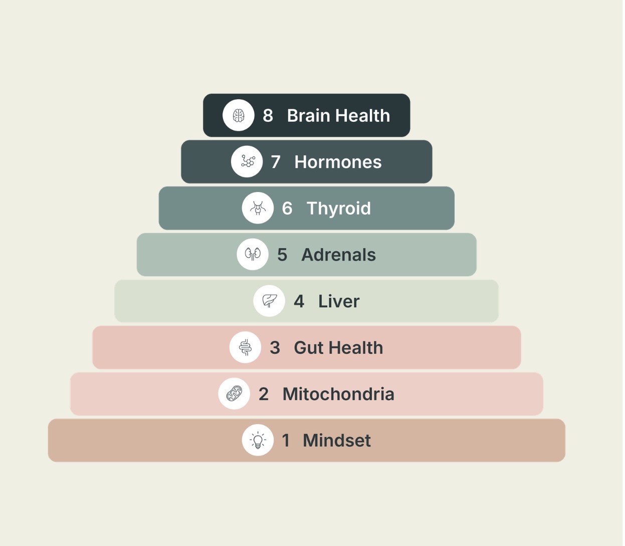 The Order of Healing™ pyramid: 1 Mindset at the foundation up to 8 Brain Health at the top