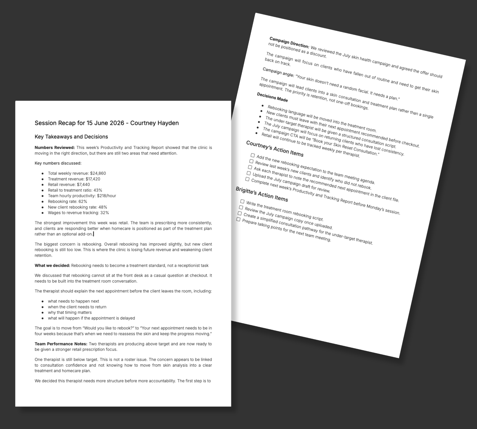 Example of a private coaching Session Recap