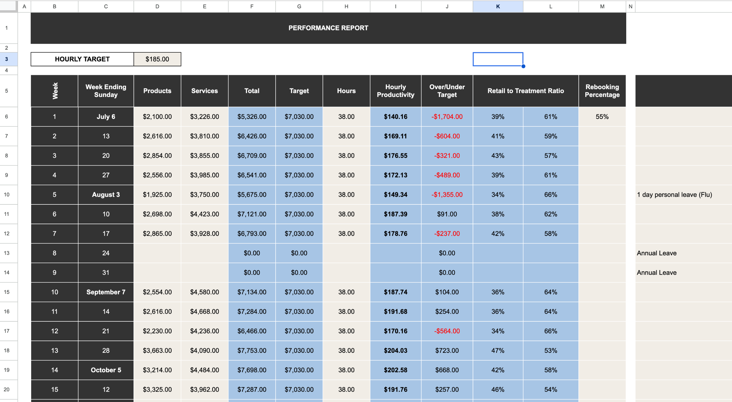 Example of the Productivity and Tracking Report used in private coaching