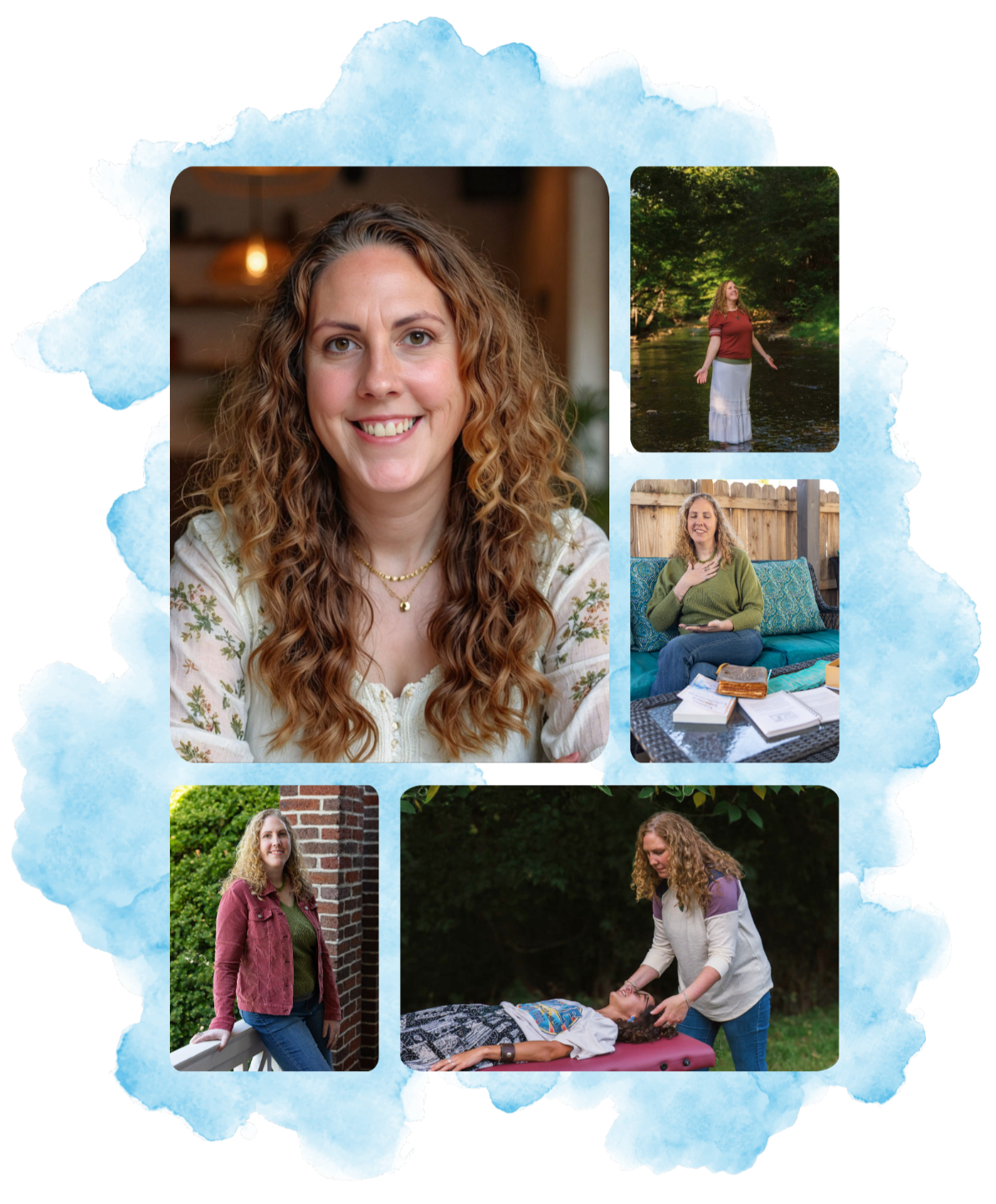 A collage of Michelle Holling-Brooks, her personal practice, and her work with others