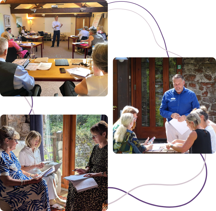 Top left image: Corporate training session in a bright corporate meeting room at High Trenhouse, Yorkshire Dales. Middle right image: Outdoor leadership workshop at High Trenhouse corporate meeting & retreat venue, Yorkshire Dales. Bottom left image: Small group discussion in a light-filled room at High Trenhouse conference & retreat centre.