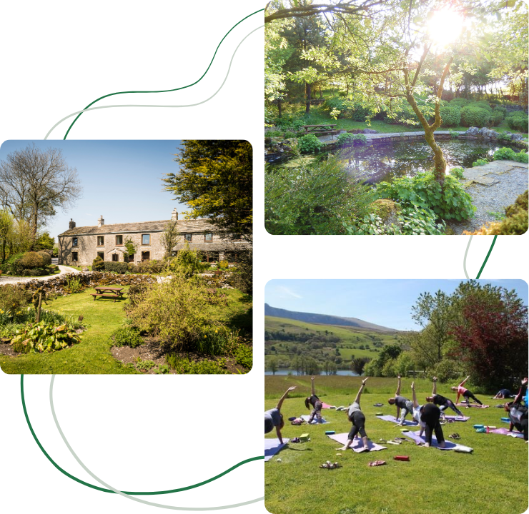 Top right image: Serene garden area with pond for wellness retreats at High Trenhouse retreat and corporate hire venue, Yorkshire Dales.   Middle left image: The scenic exterior of High Trenhouse, a corporate retreat venue surrounded by lush gardens and greenery, showcasing its tranquil setting and inviting atmosphere for meetings and team-building events.  Bottom right image: Outdoor yoga class during a wellness retreat at High Trenhouse retreat and corporate venue, Yorkshire Dales.