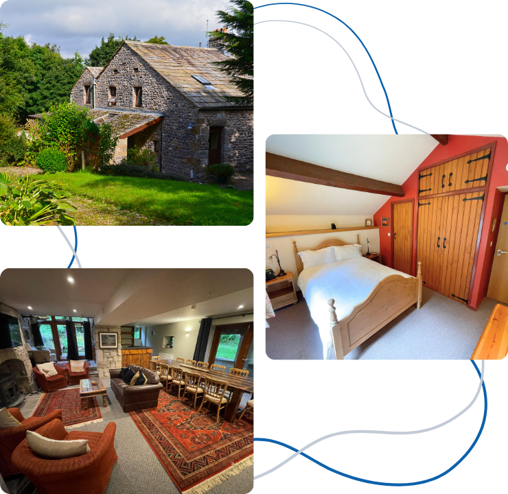 Top left image: Comfortable ensuite bedroom at High Trenhouse retreat and B&B accommodation, Yorkshire Dales.  Middle right image: Charming stone-built retreat building at High Trenhouse self-catering and corporate hire venue, Yorkshire Dales.  Bottom left image: Dining room set up for group meals at High Trenhouse conference and retreat centre, Yorkshire Dales.