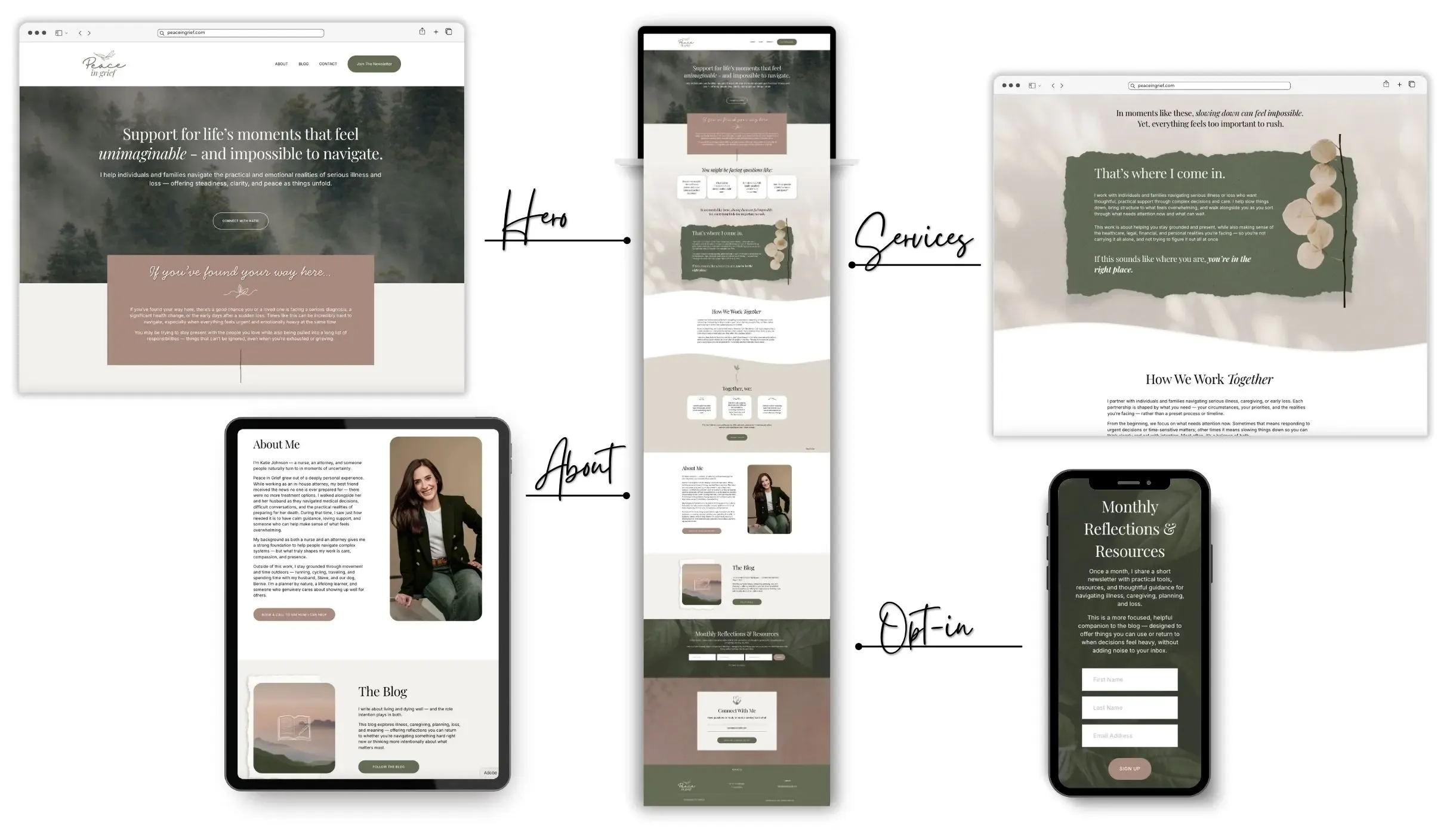 One Page Website in a Day™ design for Peace in Grief on squarespace displayed across desktop and mobile mockups, showcasing strategic hero, services, about, and opt-in sections by K+C Creative.