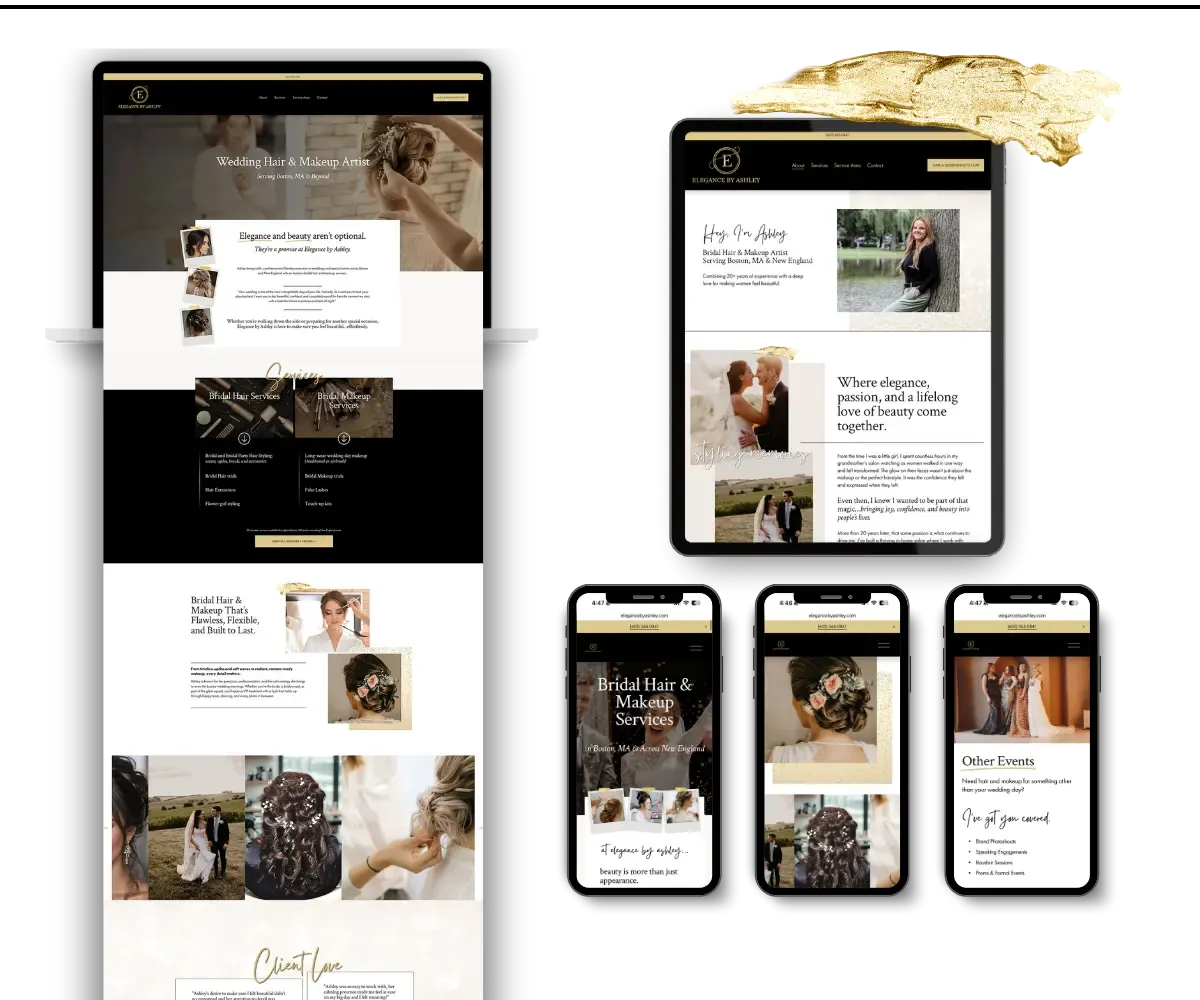 Custom Squarespace website design for Elegance By Ashley displayed across desktop, tablet, and mobile devices, showcasing luxury bridal brand experience by K+C Creative.