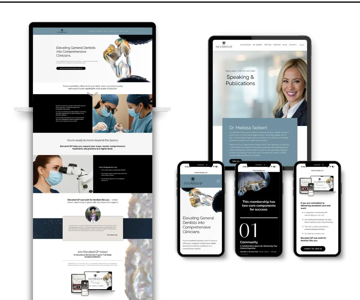 Custom Kajabi website design for The Elevated GP displayed across desktop, tablet, and mobile devices, showcasing responsive layout and professional brand experience by K+C Creative.