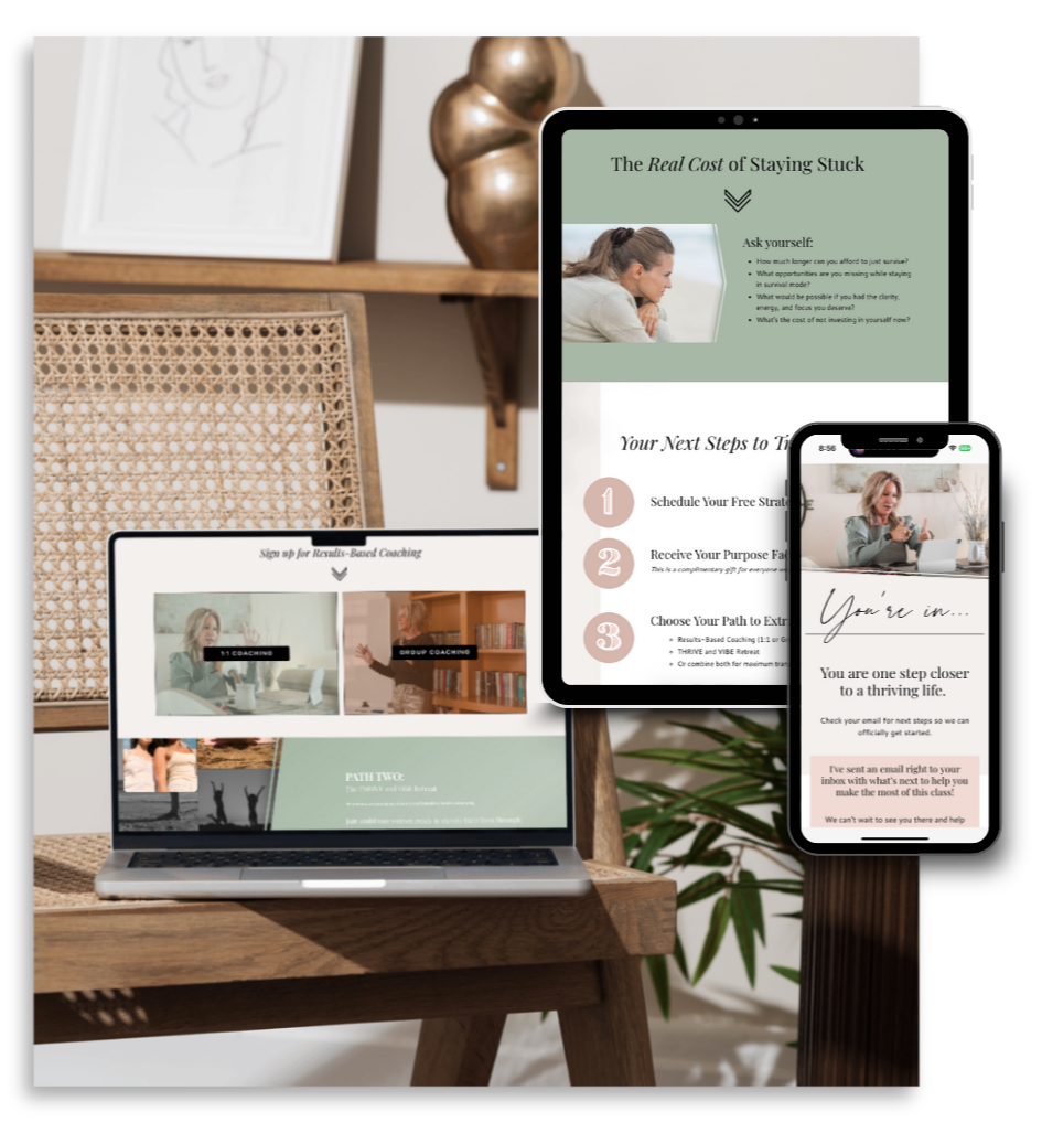 Custom sales page design displayed across laptop, tablet, and smartphone screens, highlighting strategic conversion-focused layout by K+C Creative.