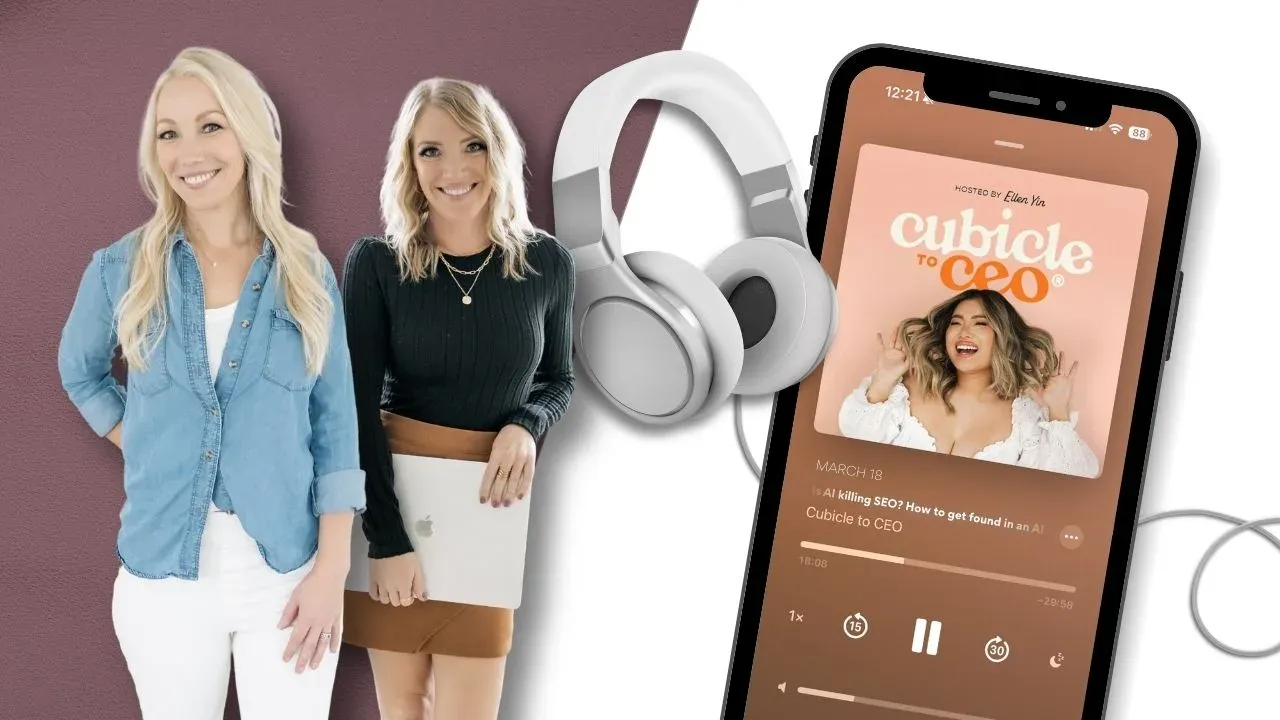 Podcast cover for Cubicle to CEO with Ellen Yin, featuring two women posing together beside a smartphone displaying the podcast app against a deep burgundy background