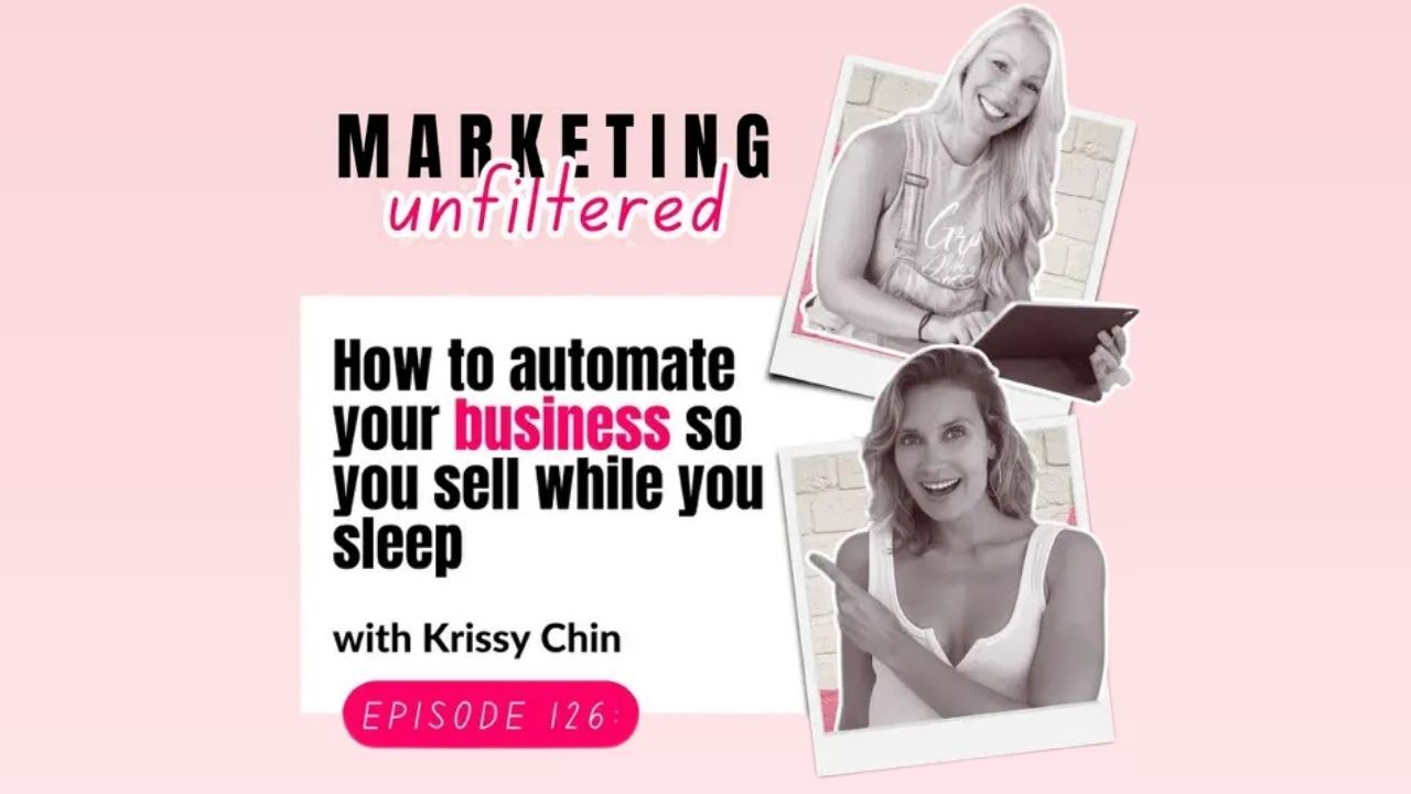 Podcast cover for Marketing #Unfiltered with Sophia Parra, featuring two women in a collage-style layout with bold pink and black typography on a light pink background