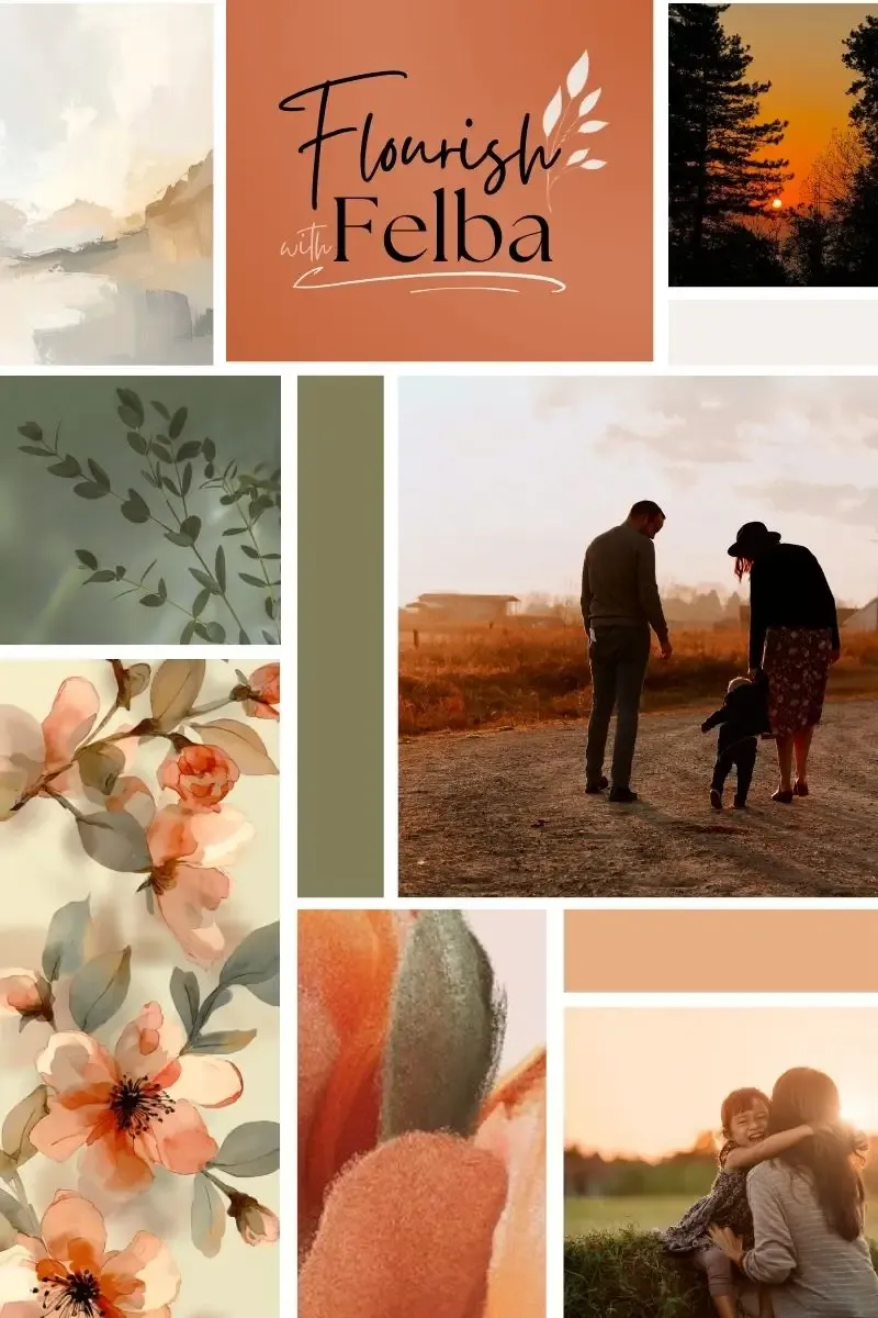 Brand identity board for Flourish with Felba featuring warm earthy color palette, floral illustrations, lifestyle imagery, and cohesive visual branding created by K+C Creative.