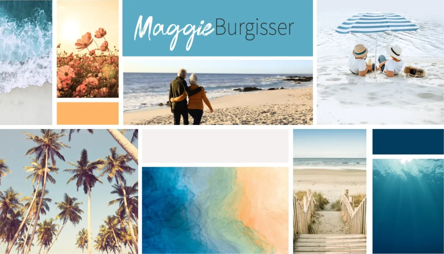 Brand identity board for Maggie Burgisser featuring coastal-inspired color palette, ocean imagery, and cohesive lifestyle branding created by K+C Creative.
