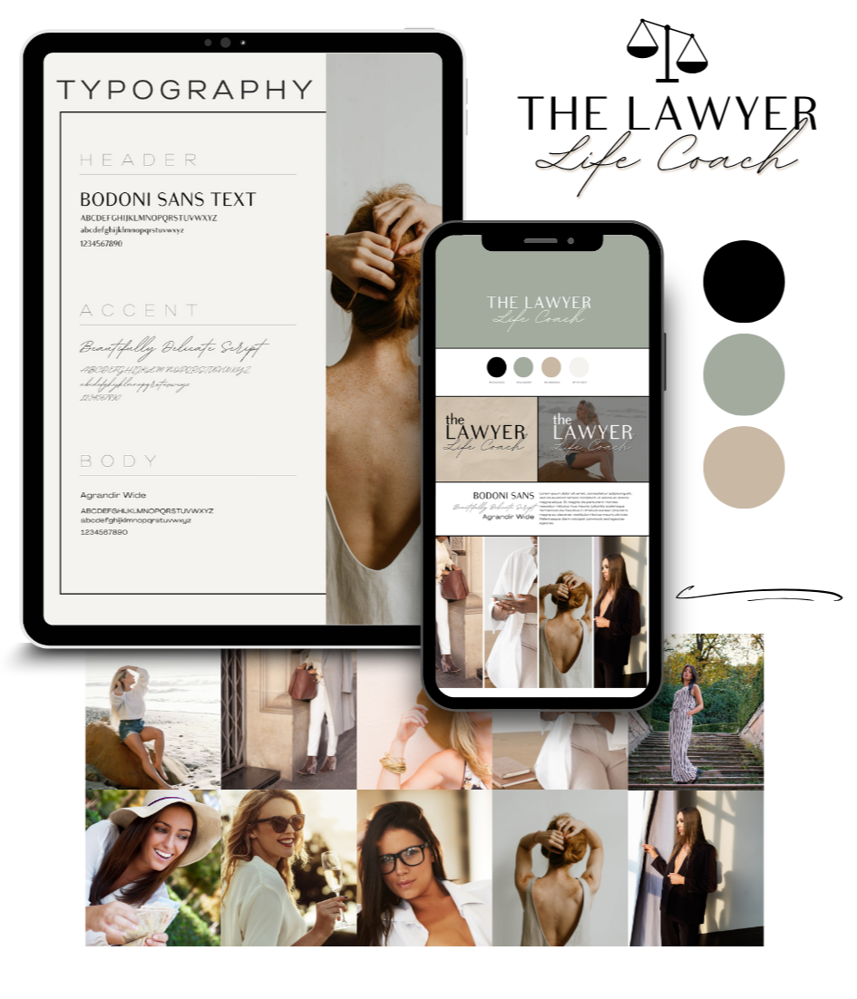 Branding and logo design project displayed on tablet and smartphone, featuring typography, color palette, and brand identity visuals created by K+C Creative.
