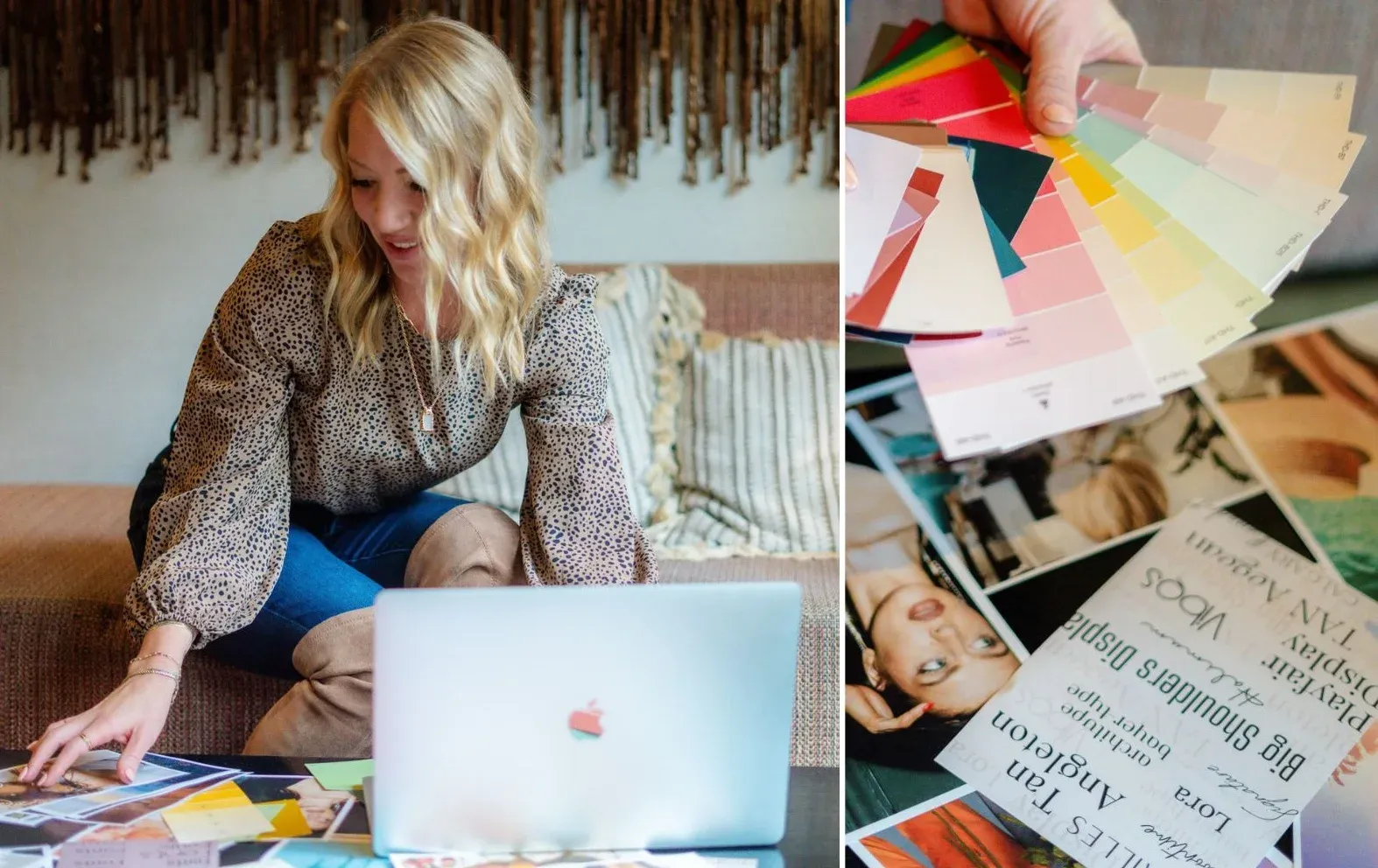 Claire VanBemmelen reviewing brand design concepts, color palettes, and creative direction during collaborative website design process at K+C Creative.