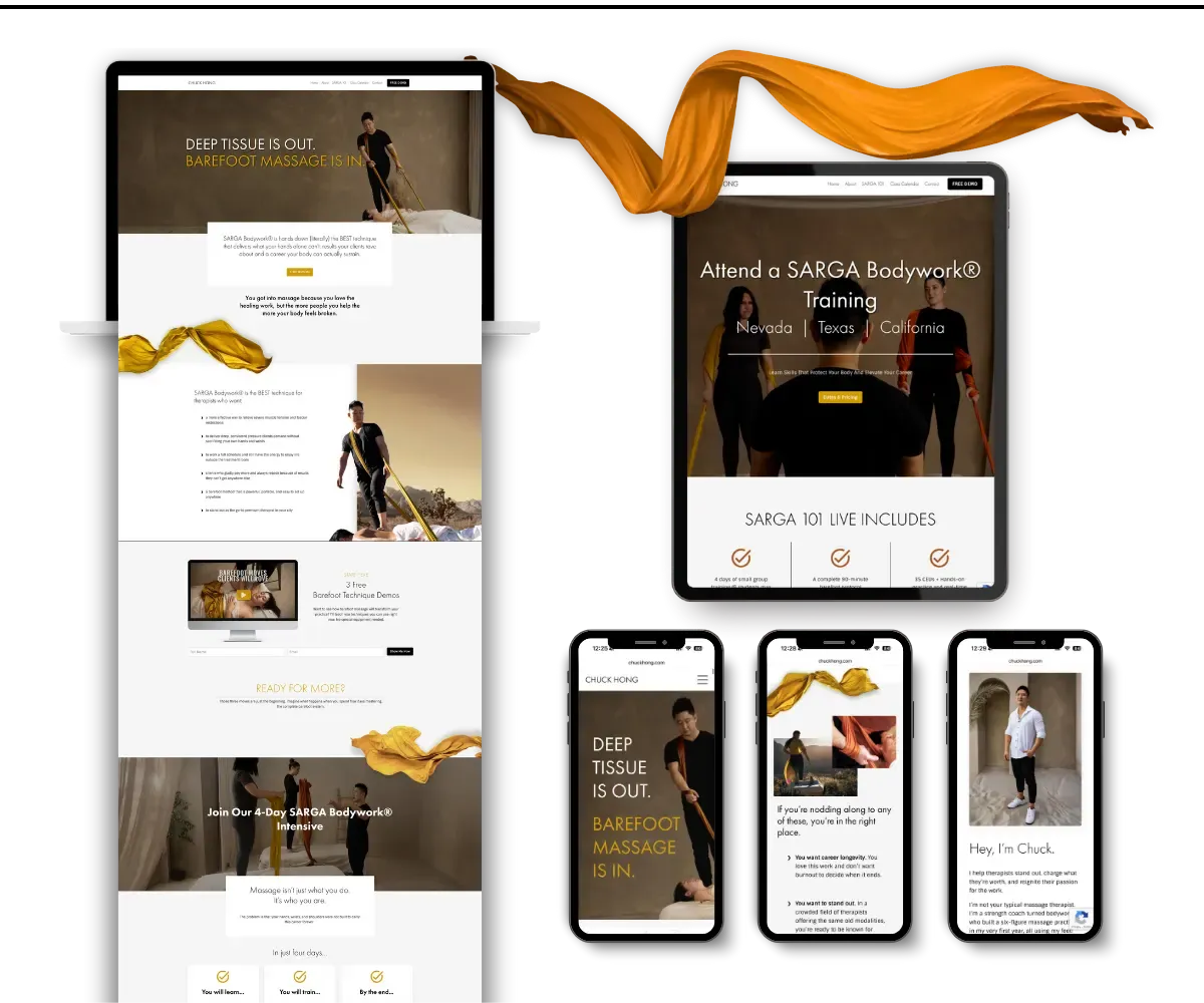 Custom Kajabi website and sales funnel design for Chuck Hong displayed across desktop, tablet, and mobile devices, showcasing responsive layout and conversion-focused strategy by K+C Creative.