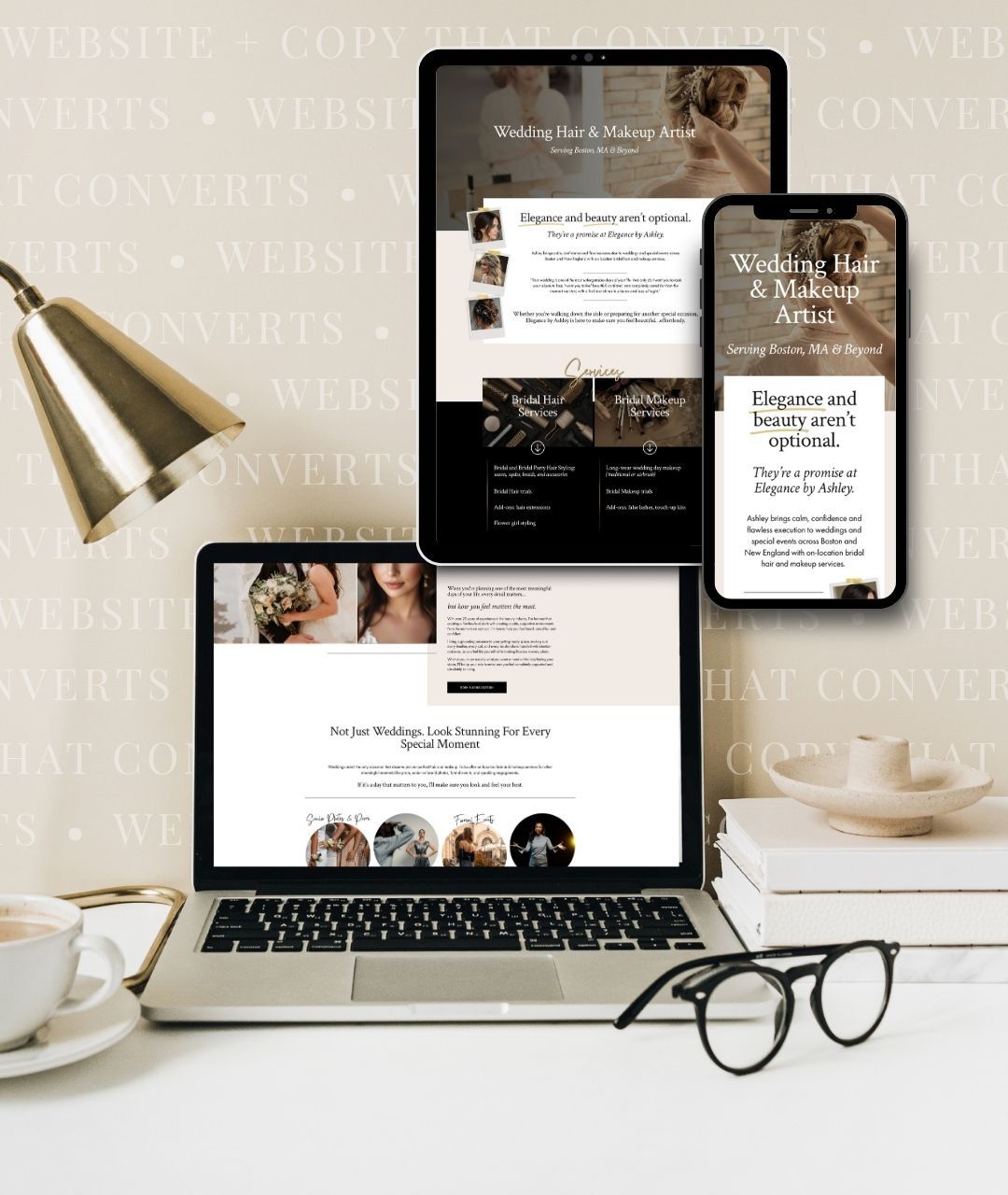 Custom website design and copywriting services displayed across laptop, tablet, and smartphone screens, showcasing responsive branding by K+C Creative.