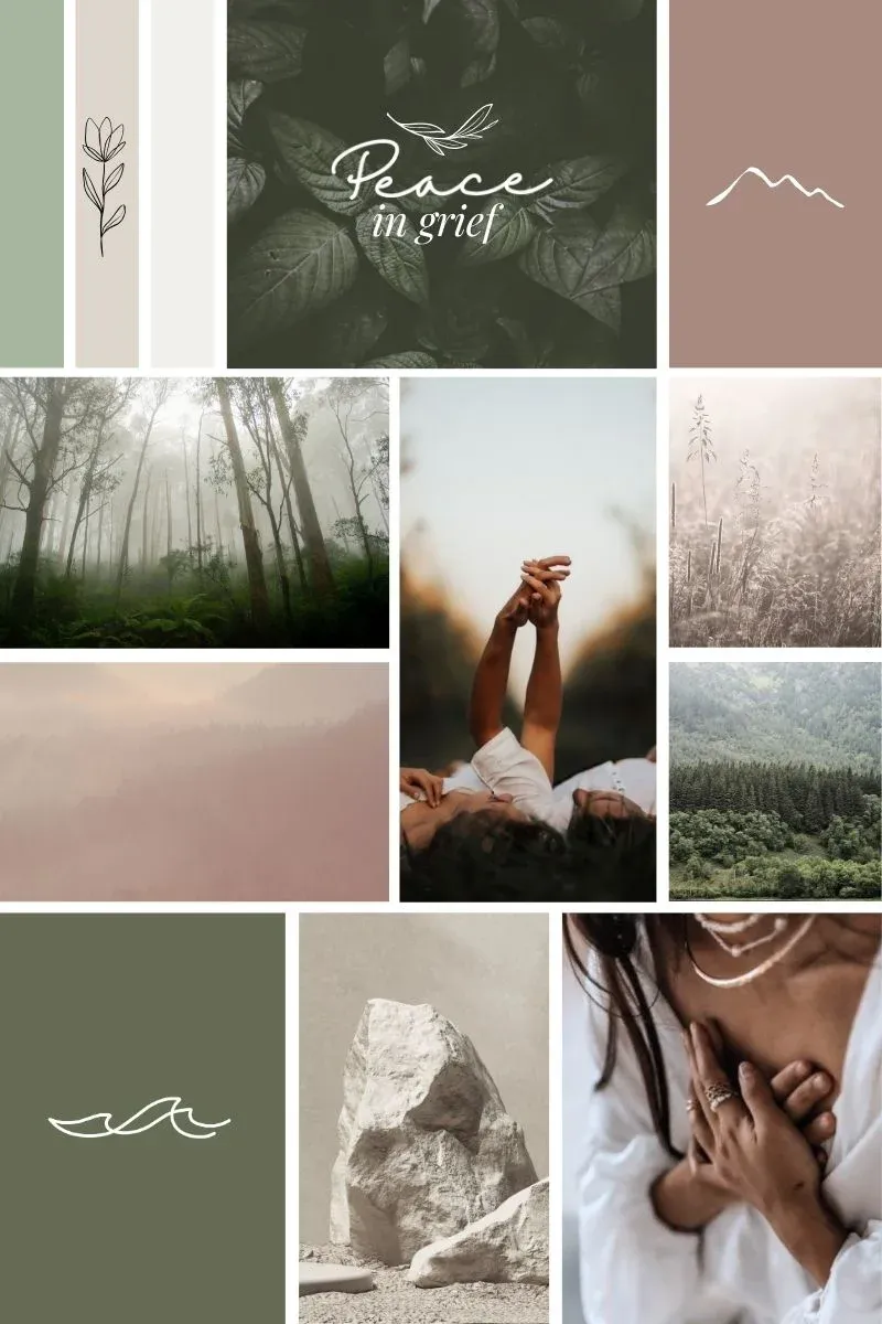 Brand identity board for Peace in Grief featuring calming green and neutral color palette, nature-inspired imagery, and cohesive visual branding created by K+C Creative.