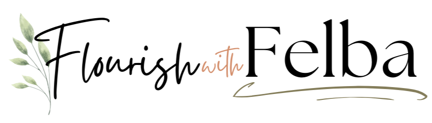 Logo design for Flourish with Felba, featuring elegant script typography and botanical icon created by K+C Creative.