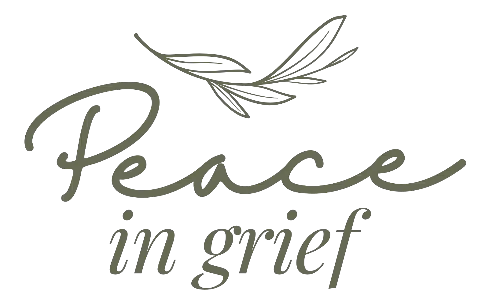 Logo design for Peace in Grief, featuring elegant script typography and symbolic branch icon created by K+C Creative.