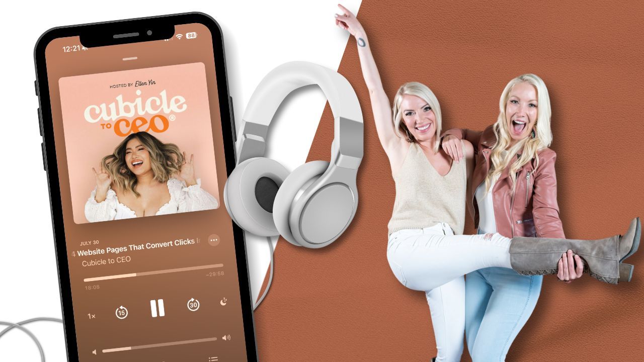 Podcast cover for Cubicle to CEO with Ellen Yin, featuring a woman sitting playfully against a terracotta background beside a smartphone displaying the podcast app and white over-ear headphones
