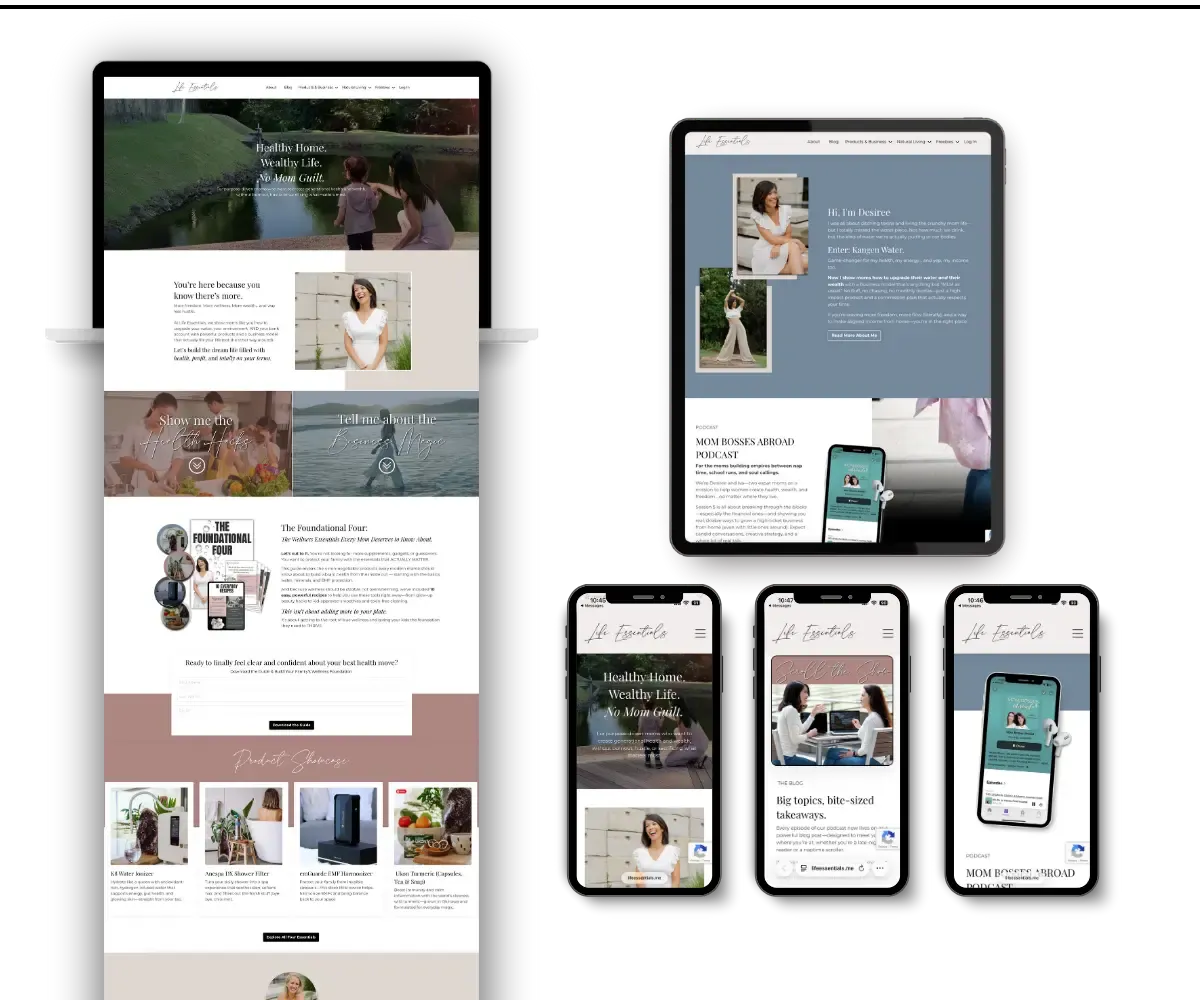 Custom Kajabi website design for Desiree Gonzalez Bonau displayed across desktop, tablet, and mobile devices, showcasing cohesive lifestyle branding and responsive user experience by K+C Creative.