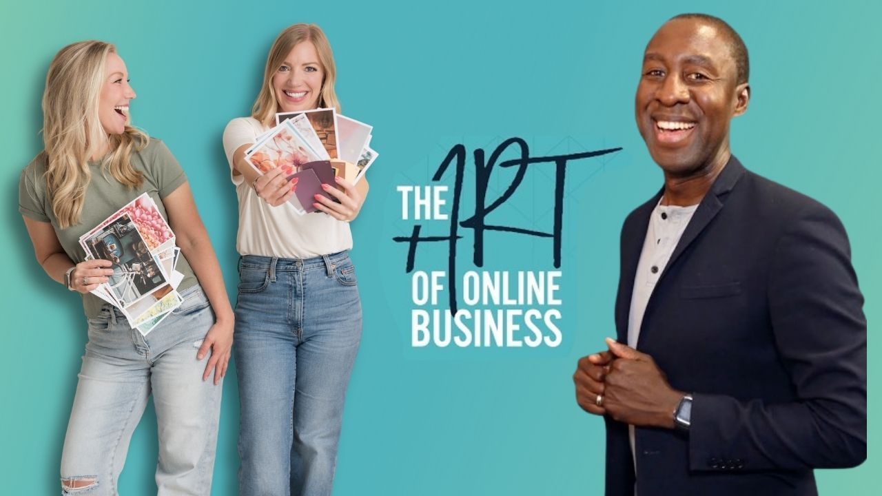 Podcast cover for The Art of Online Business featuring two women holding magazines alongside a smiling man in a navy blazer against a teal background