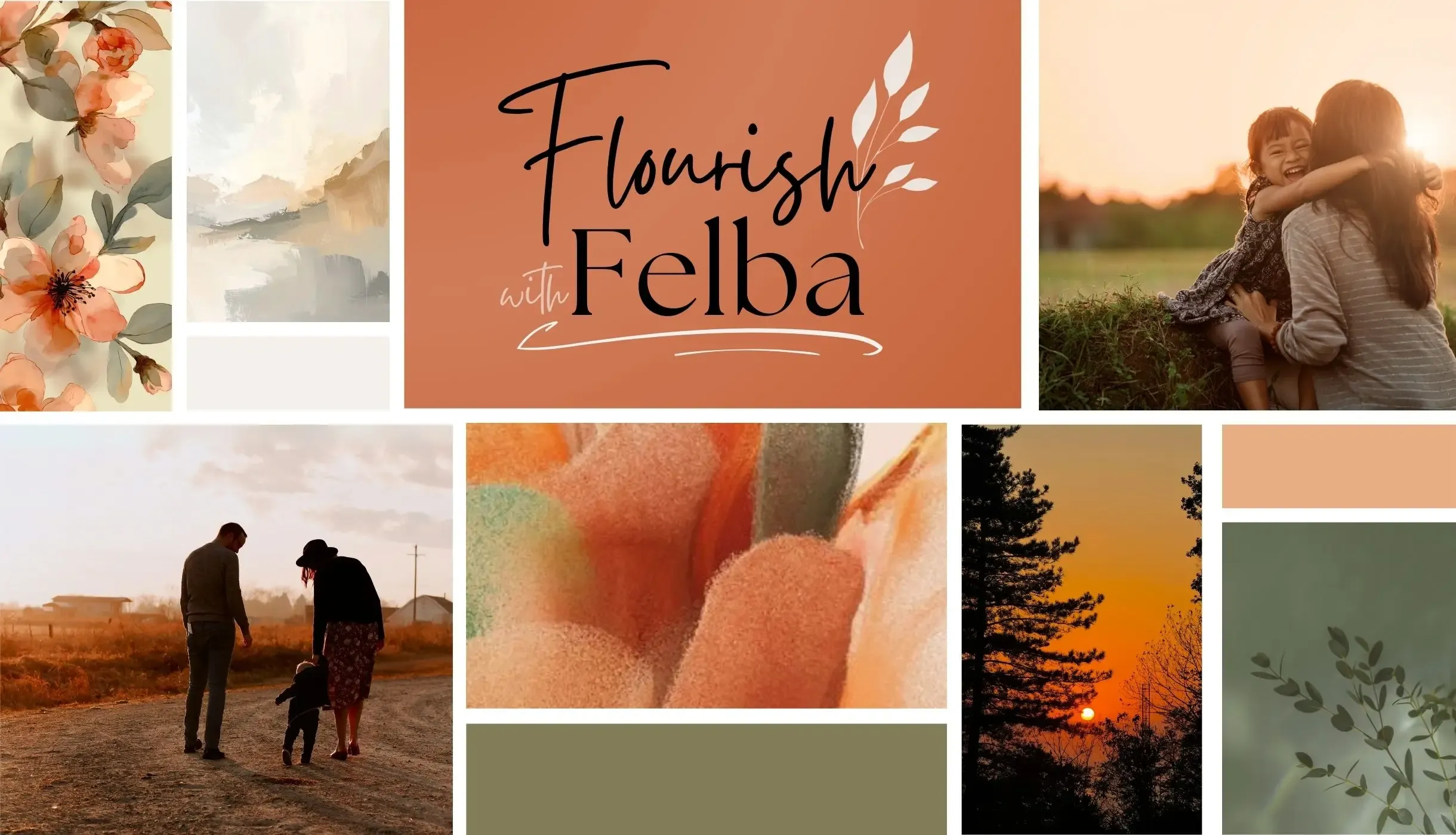 Brand identity board for Flourish with Felba featuring warm earthy color palette, floral illustrations, lifestyle imagery, and cohesive visual branding created by K+C Creative.