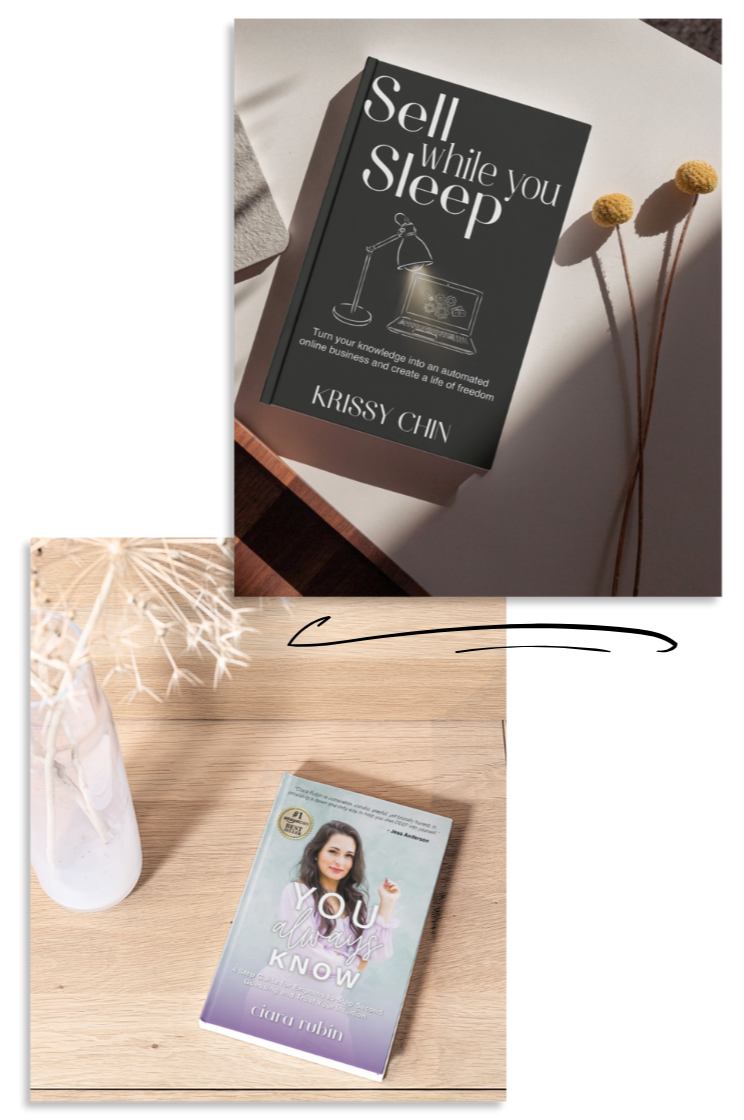 Custom book cover design and author brand assets created by K+C Creative, showcasing professionally designed book covers and interior image layouts.