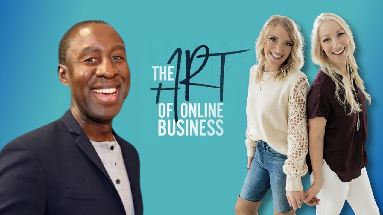 Podcast cover for The Art of Online Business featuring a smiling man in a navy blazer alongside two women posing against a teal background