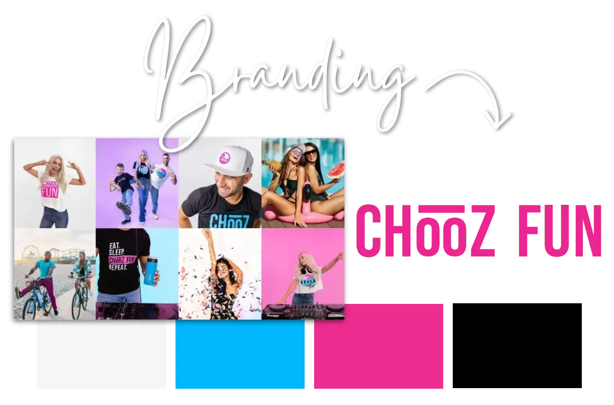 Branding and logo design for CHooZ FUN, including bold typography, vibrant color palette, and cohesive apparel brand identity created by K+C Creative.