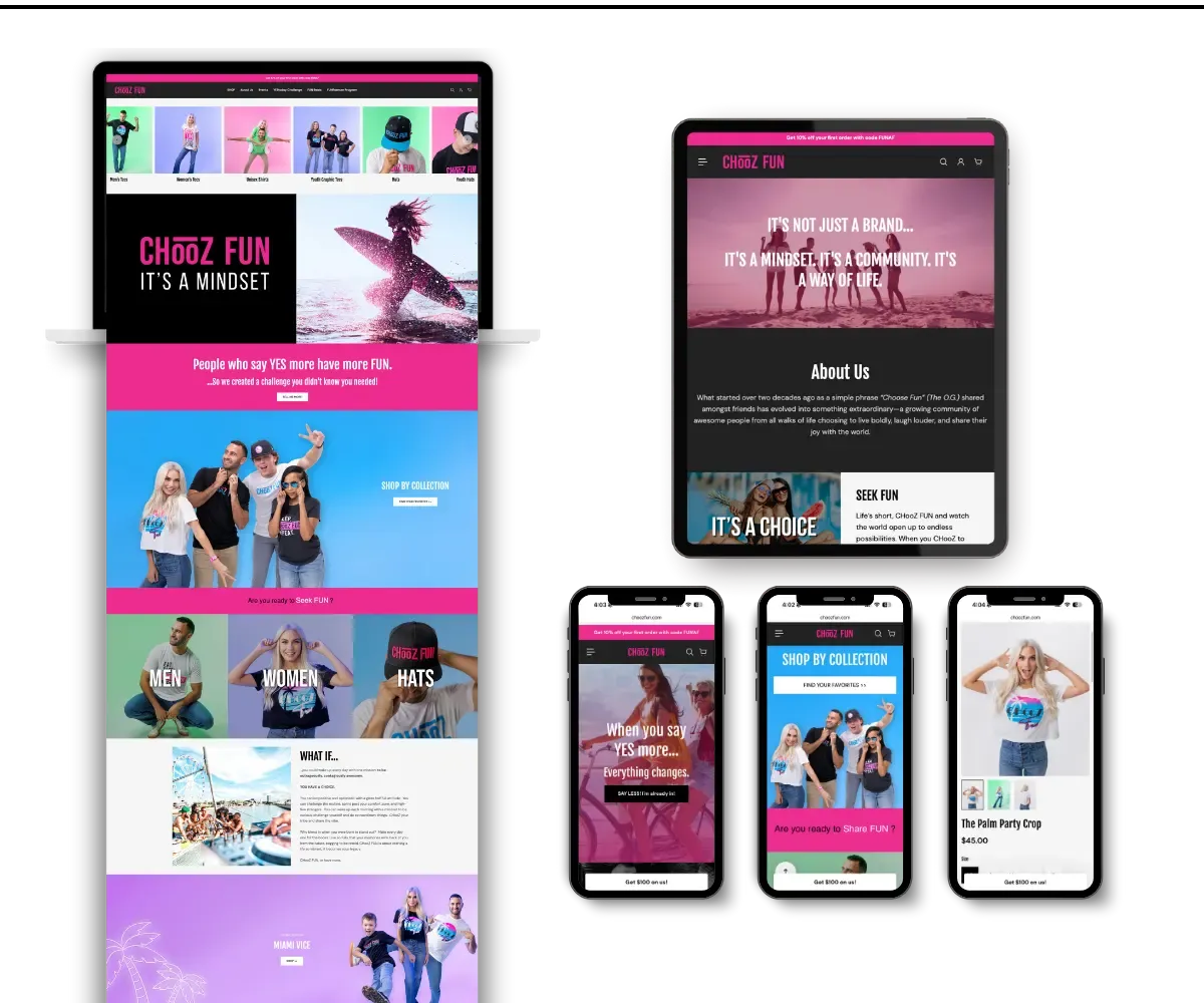 Custom Shopify website design for CHooZ FUN displayed across desktop, tablet, and mobile devices, showcasing bold ecommerce branding and responsive online store layout by K+C Creative.