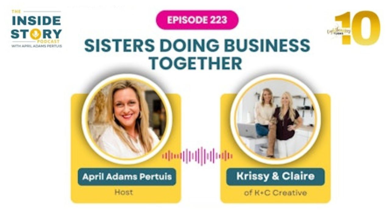 Episode 223 cover for The Inside Story Podcast with April Adams Pertuis, featuring headshots of host April Adams Pertuis and guests Krissy and Claire of K+C Creative