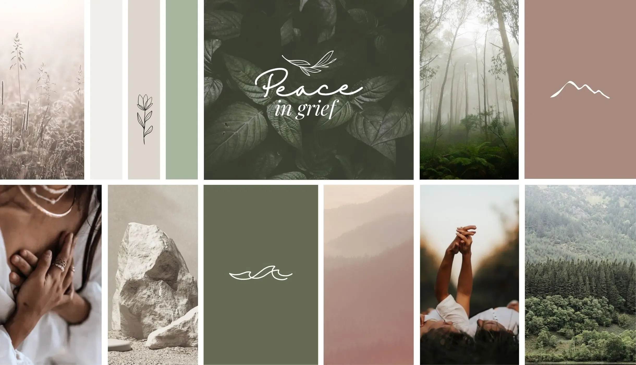 Brand identity board for Peace in Grief featuring calming green and neutral color palette, nature-inspired imagery, and cohesive visual branding created by K+C Creative.