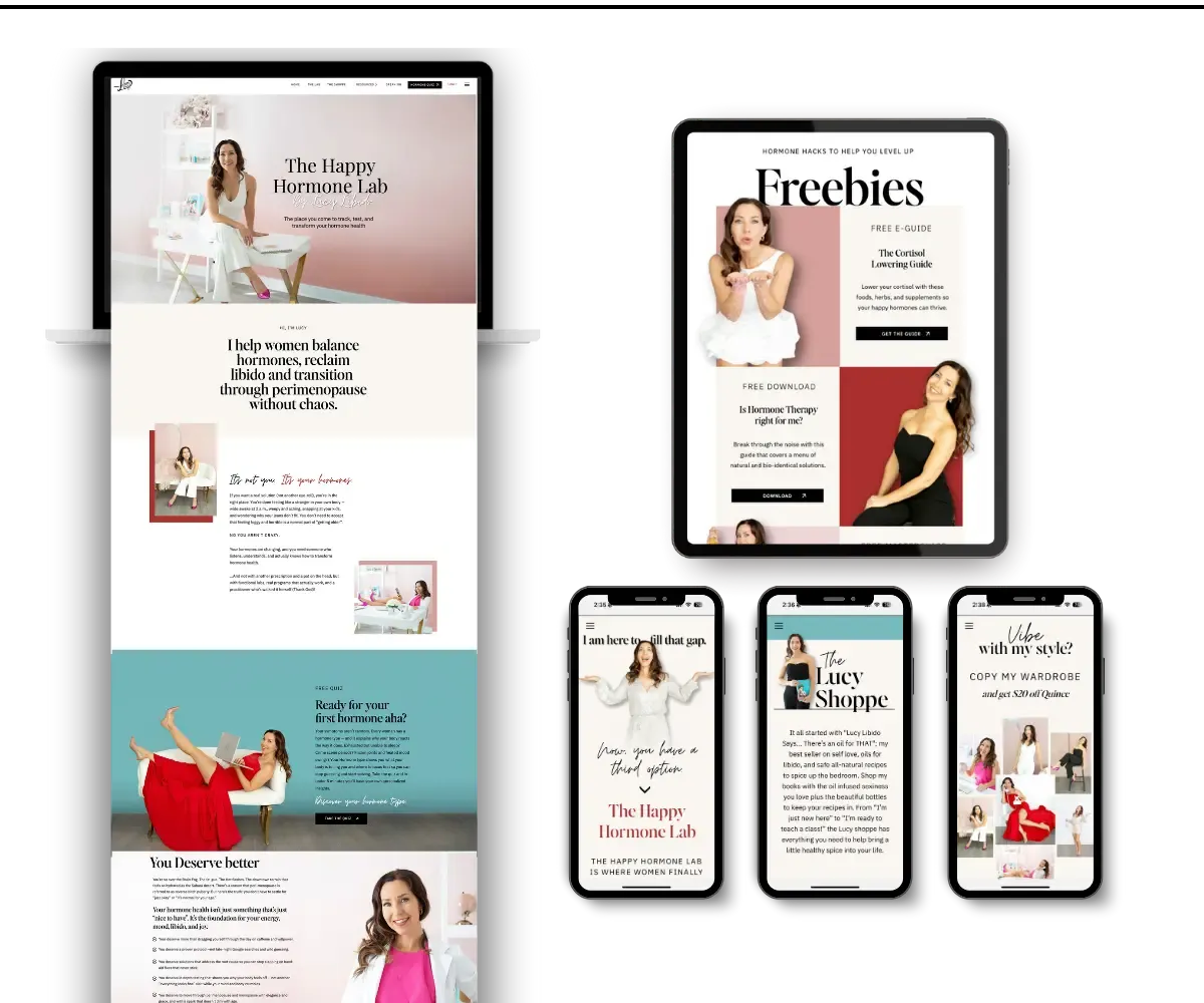 Custom Showit website design for Lucy Libido displayed across desktop, tablet, and mobile devices, showcasing cohesive branding and responsive user experience by K+C Creative.