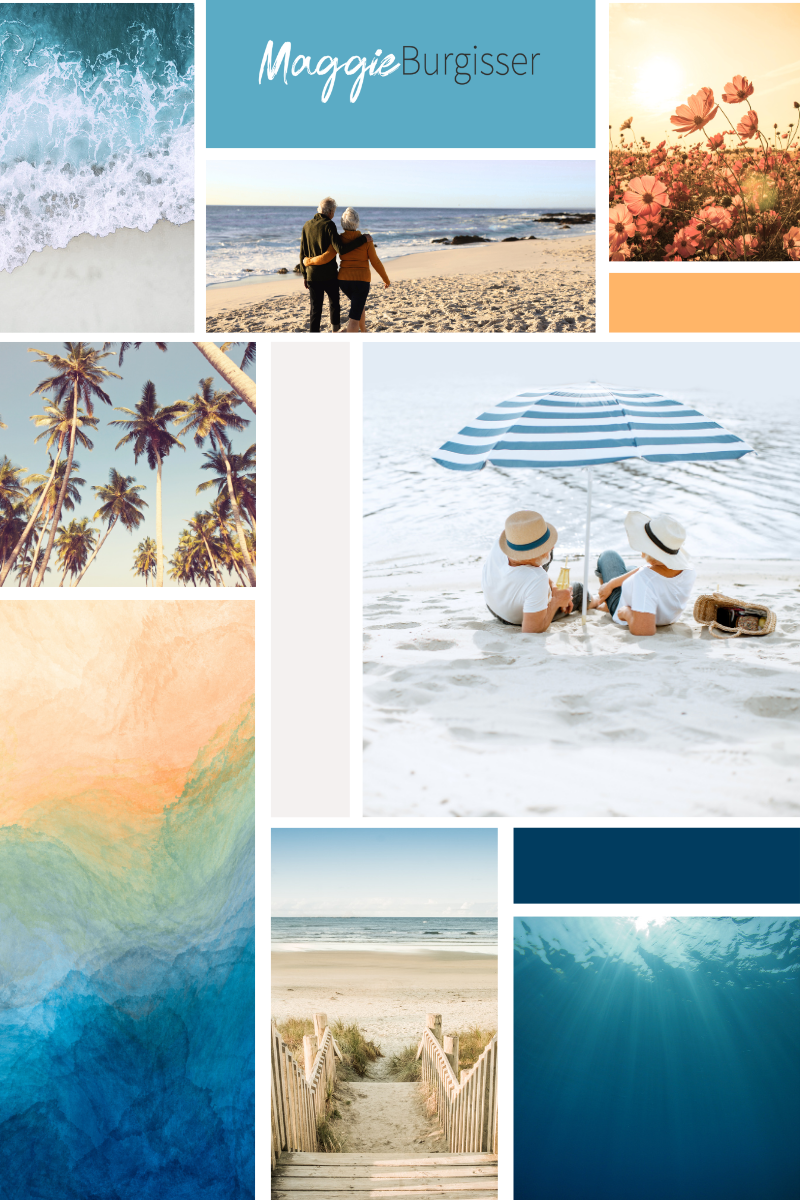 Brand identity board for Maggie Burgisser featuring coastal-inspired color palette, ocean imagery, and cohesive lifestyle branding created by K+C Creative.