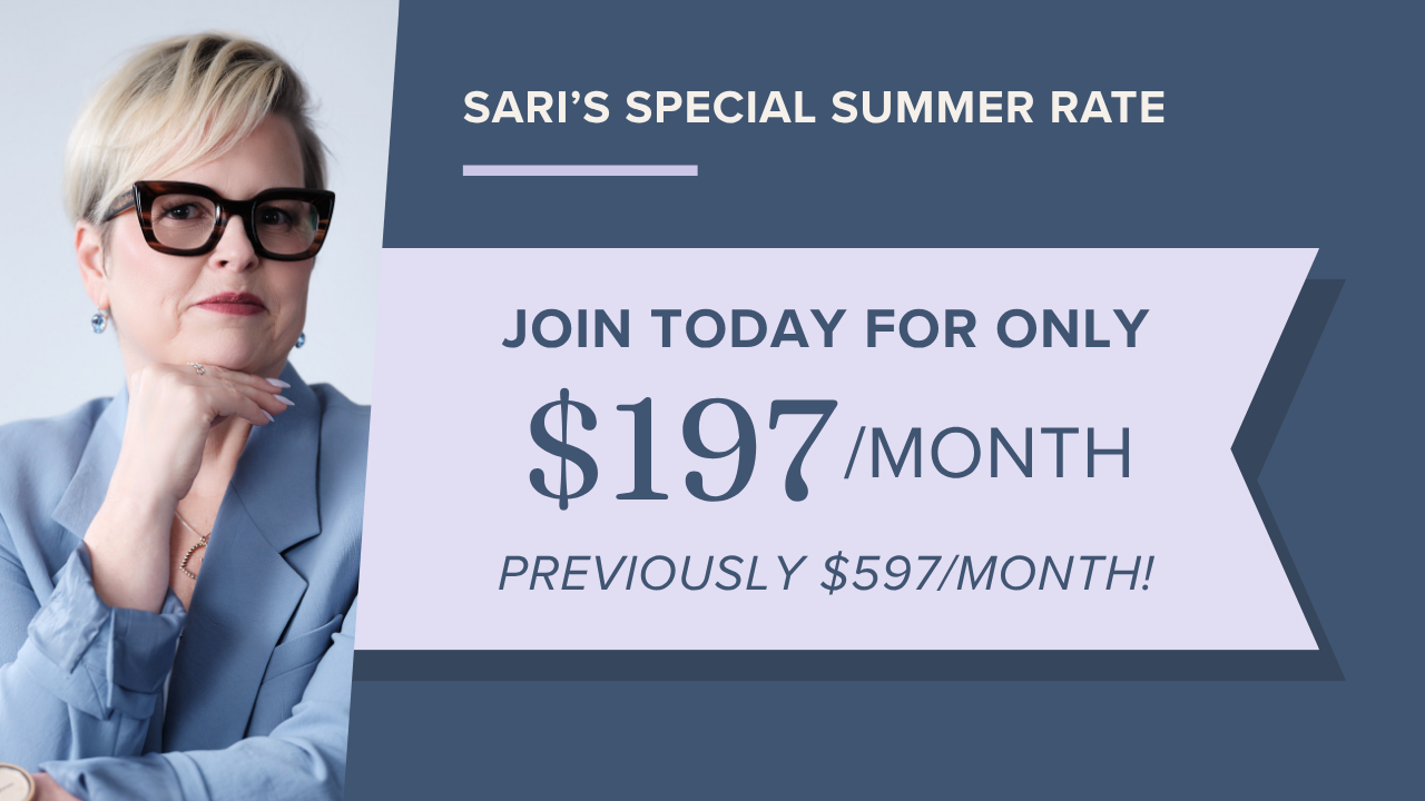 Sari's Special Summer Rate of $197/month, previously $597/month