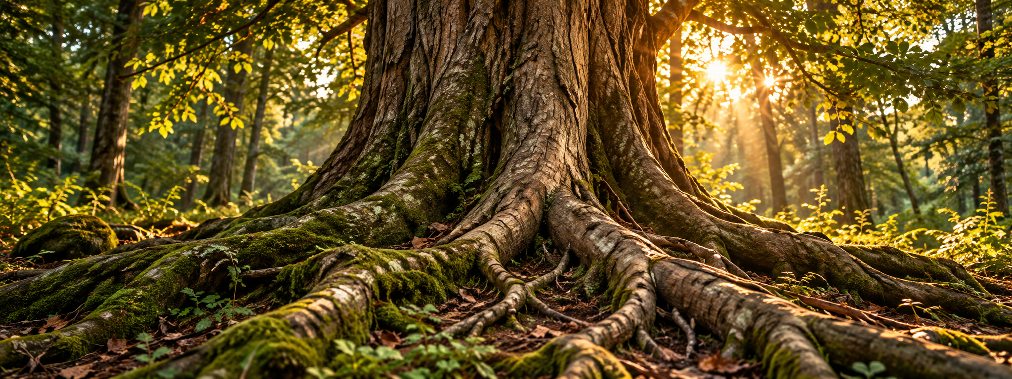 Racines d’un grand arbre dans une forêt dorée