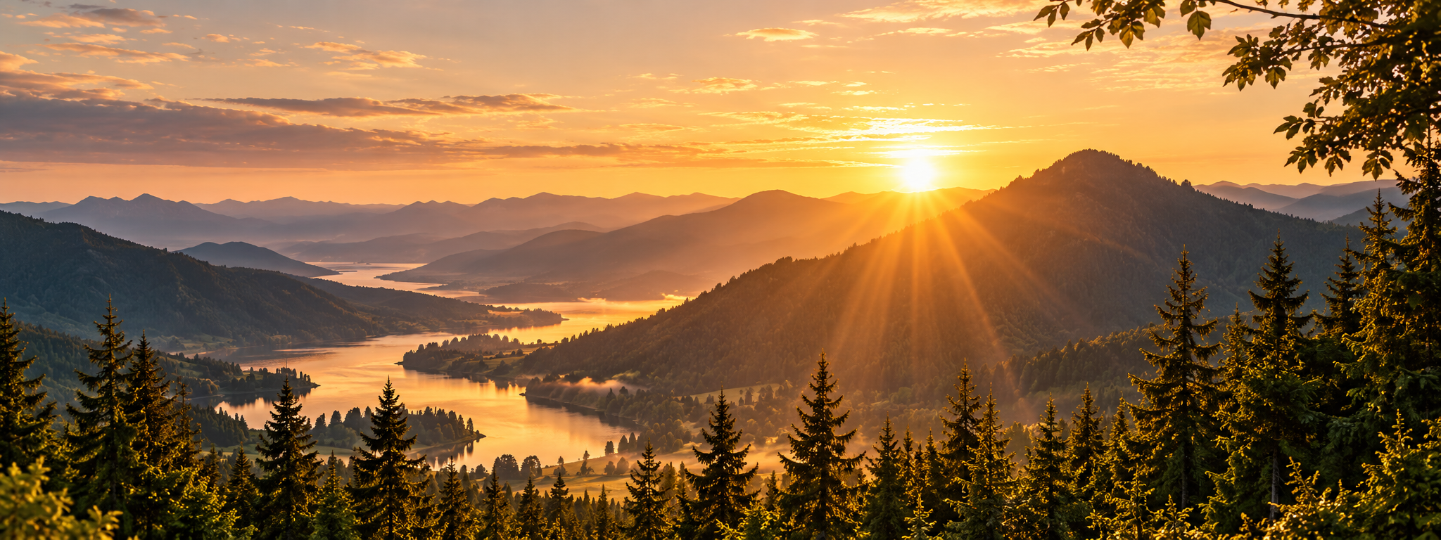 Aube dorée sur un lac et des montagnes