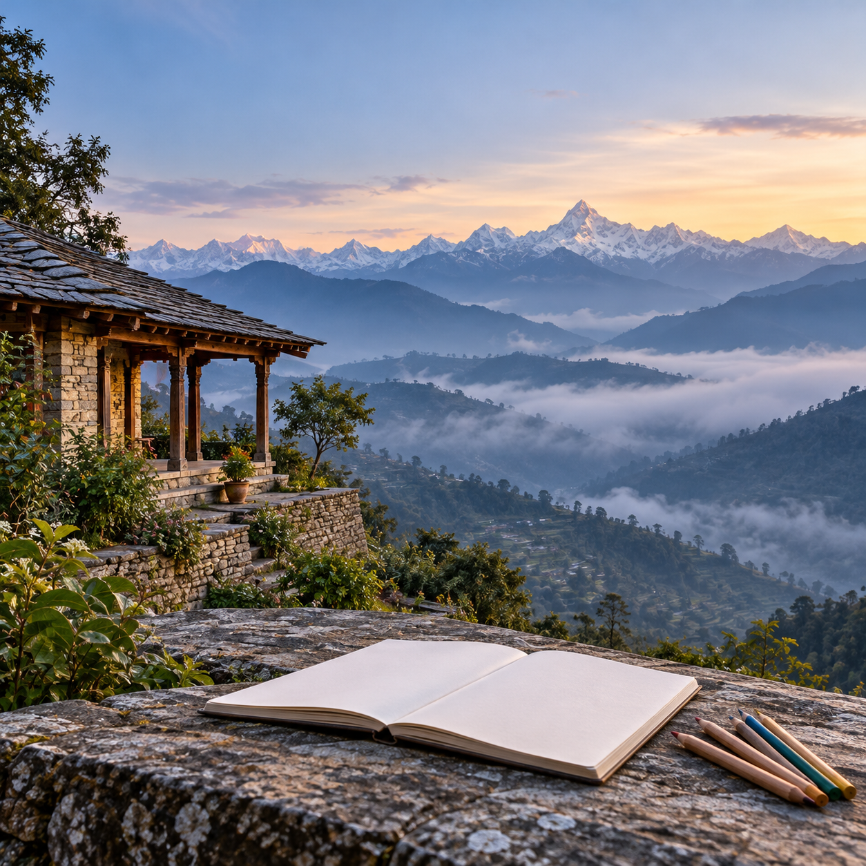 Illustrative Himalayan landscape and smiling children in Nepal.