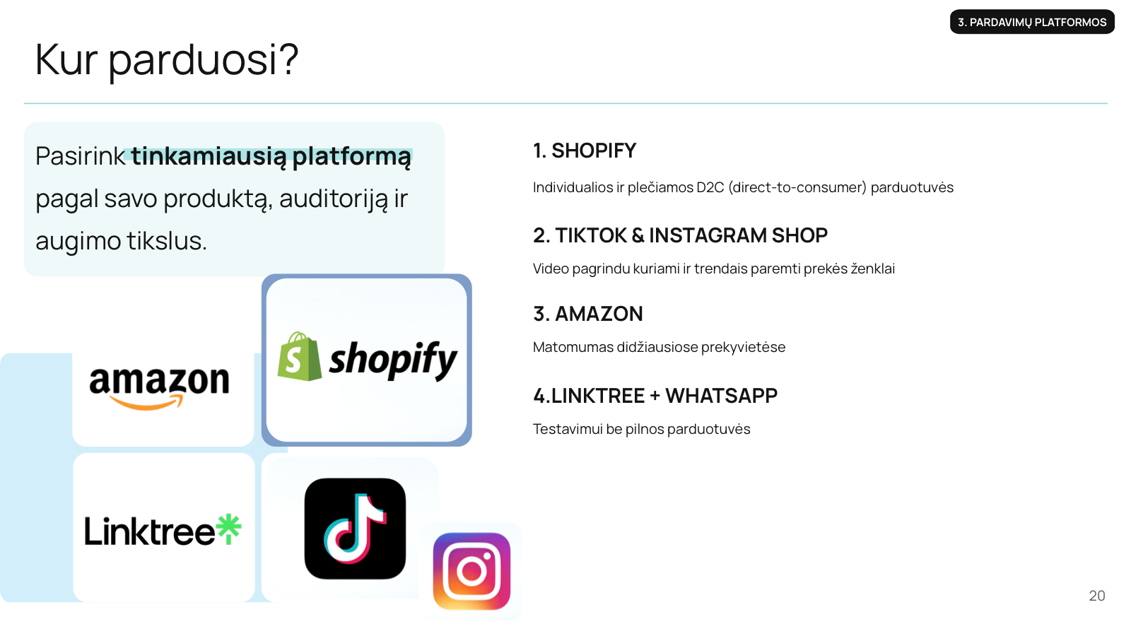 Skaidrė: kur parduosi – Shopify, TikTok ir Instagram Shop, Amazon, Linktree