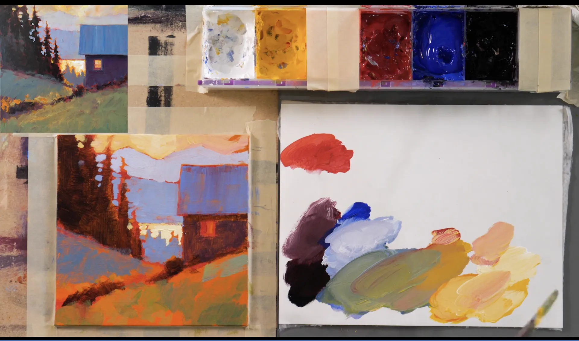 Acrylic painting in progress showing the block-in stage beside the reference and color swatches