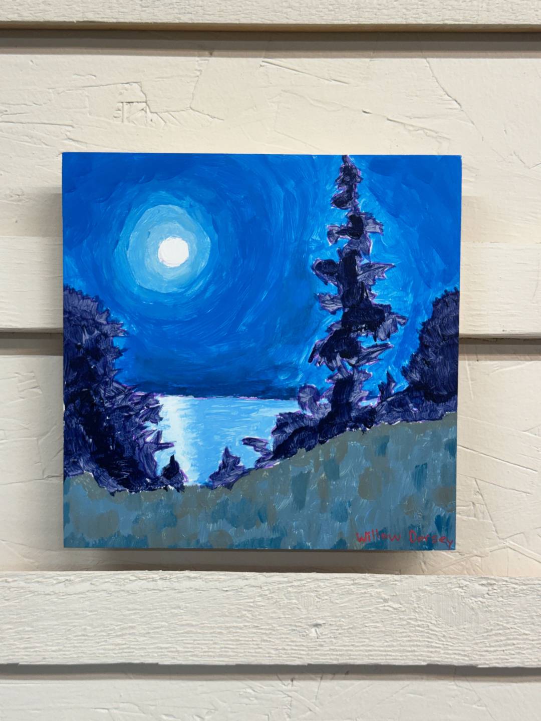 Willow's Moonlit Reflection painting hanging on the wall
