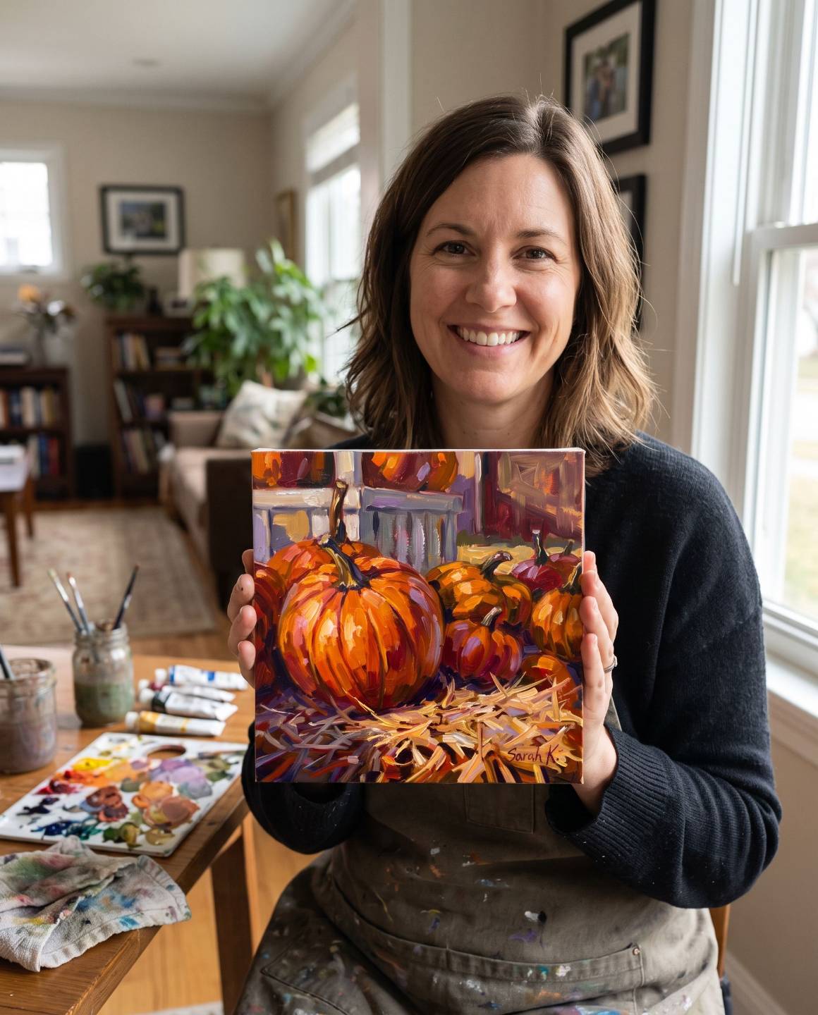 Happy pumpkin painter, hay, fence and barn in fall sun