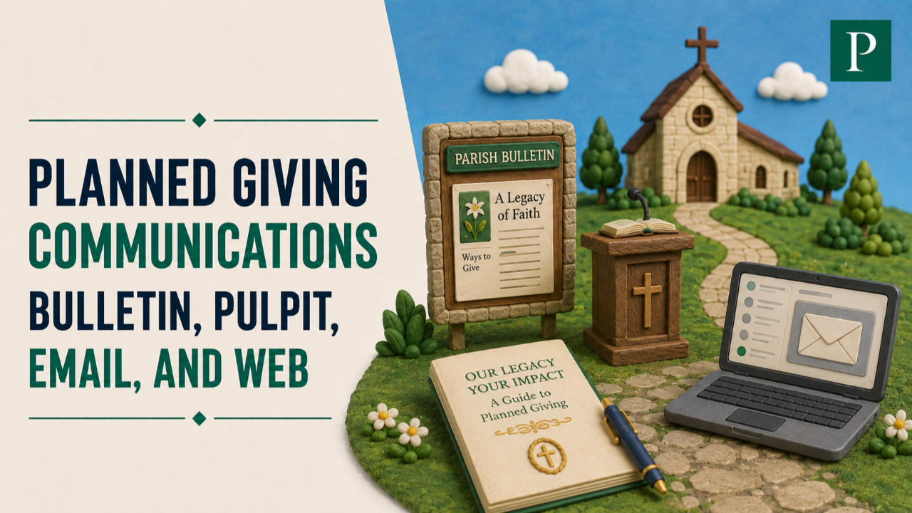 Claymation scene representing Catholic planned giving communications through bulletin, pulpit, email, and web.
