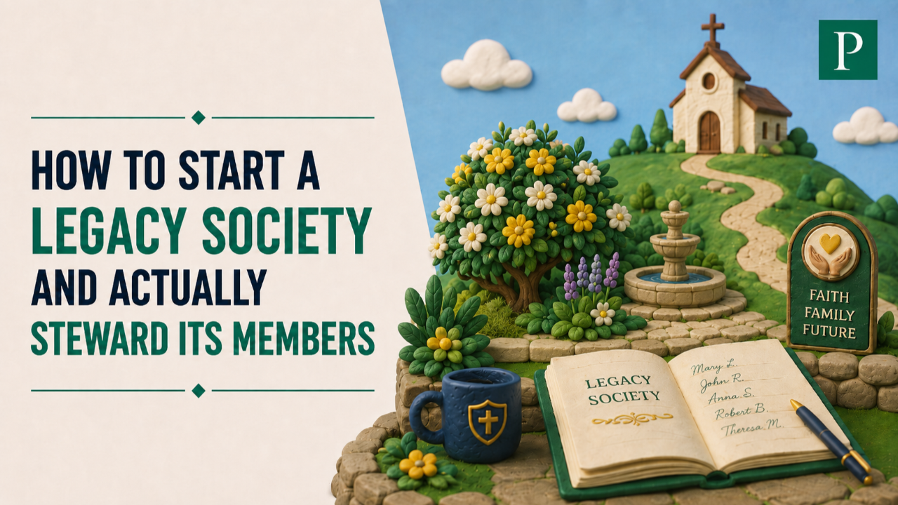 Claymation illustration of a Catholic legacy society, featuring a flourishing garden, church, member book, and symbols of faith, family, and future.