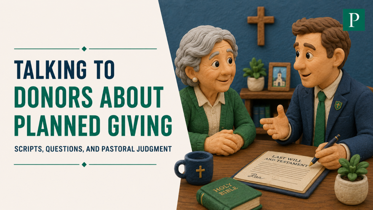 Claymation illustration of a development director discussing planned giving with an older donor across a table with a will and Catholic imagery.