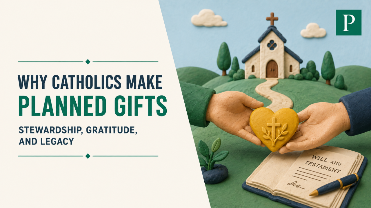 Claymation illustration about Catholic stewardship, gratitude, legacy, and planned giving