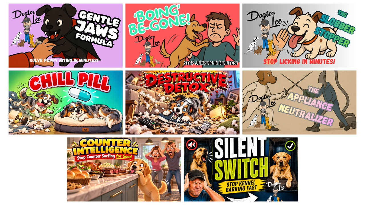 The 8 Behavior Fixes: Gentle Jaws Formula, Boing Be-Gone!, Slobber Stopper, Chill Pill, Destructive Detox, Appliance Neutralizer, Counter Intelligence, Silent Switch