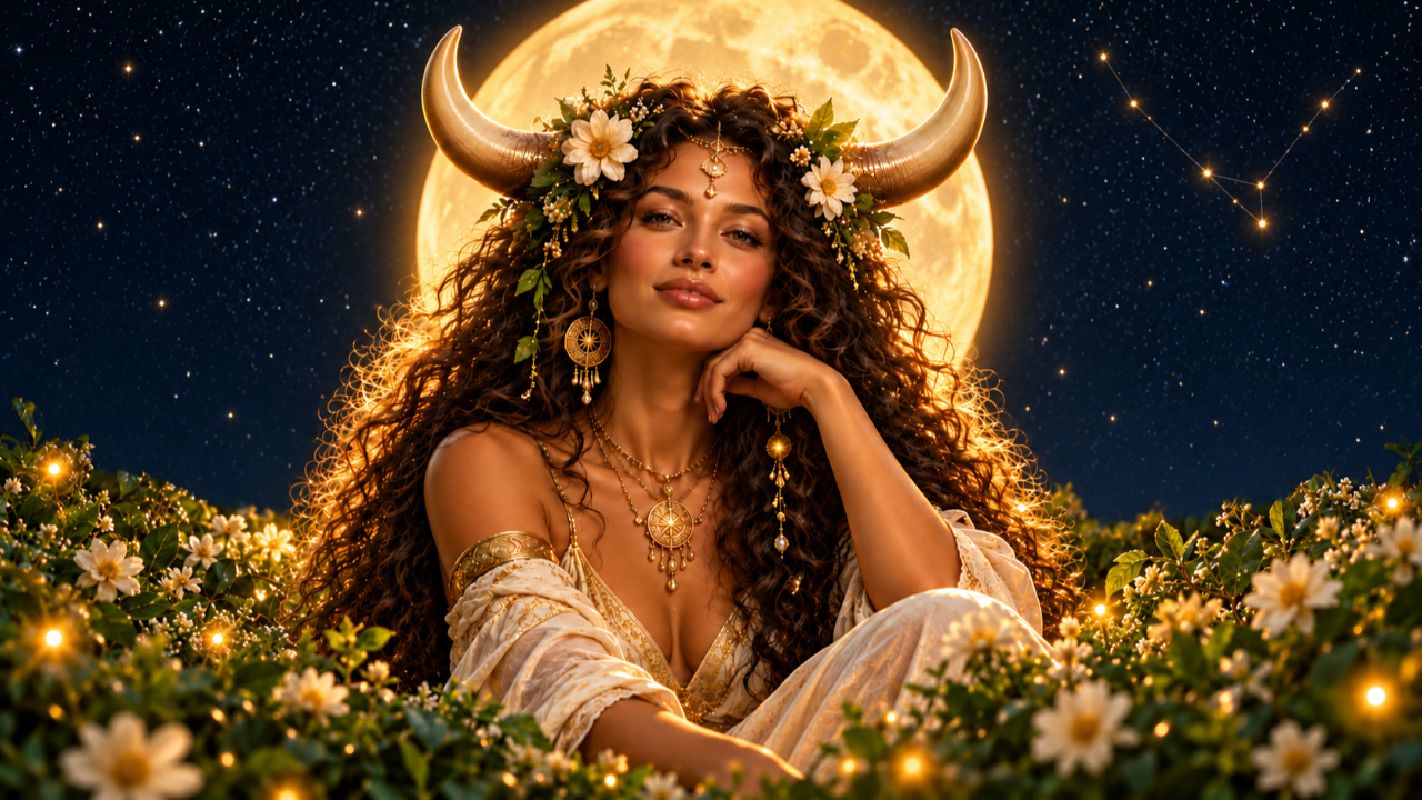 Woman with floral Taurus horns beneath a golden Full Moon, surrounded by green leaves, white flowers, and warm lights.