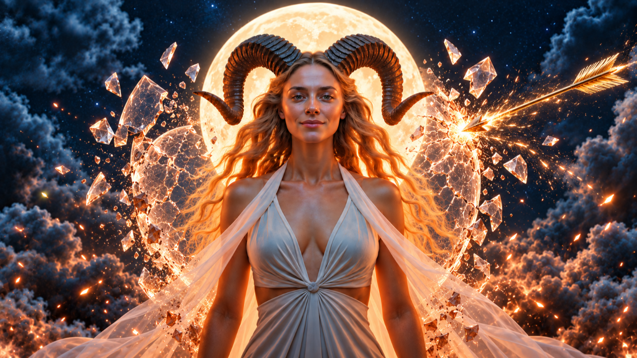 Woman with Aries ram horns beneath the September 2026 Full Moon, representing Chiron healing and reclaimed personal power